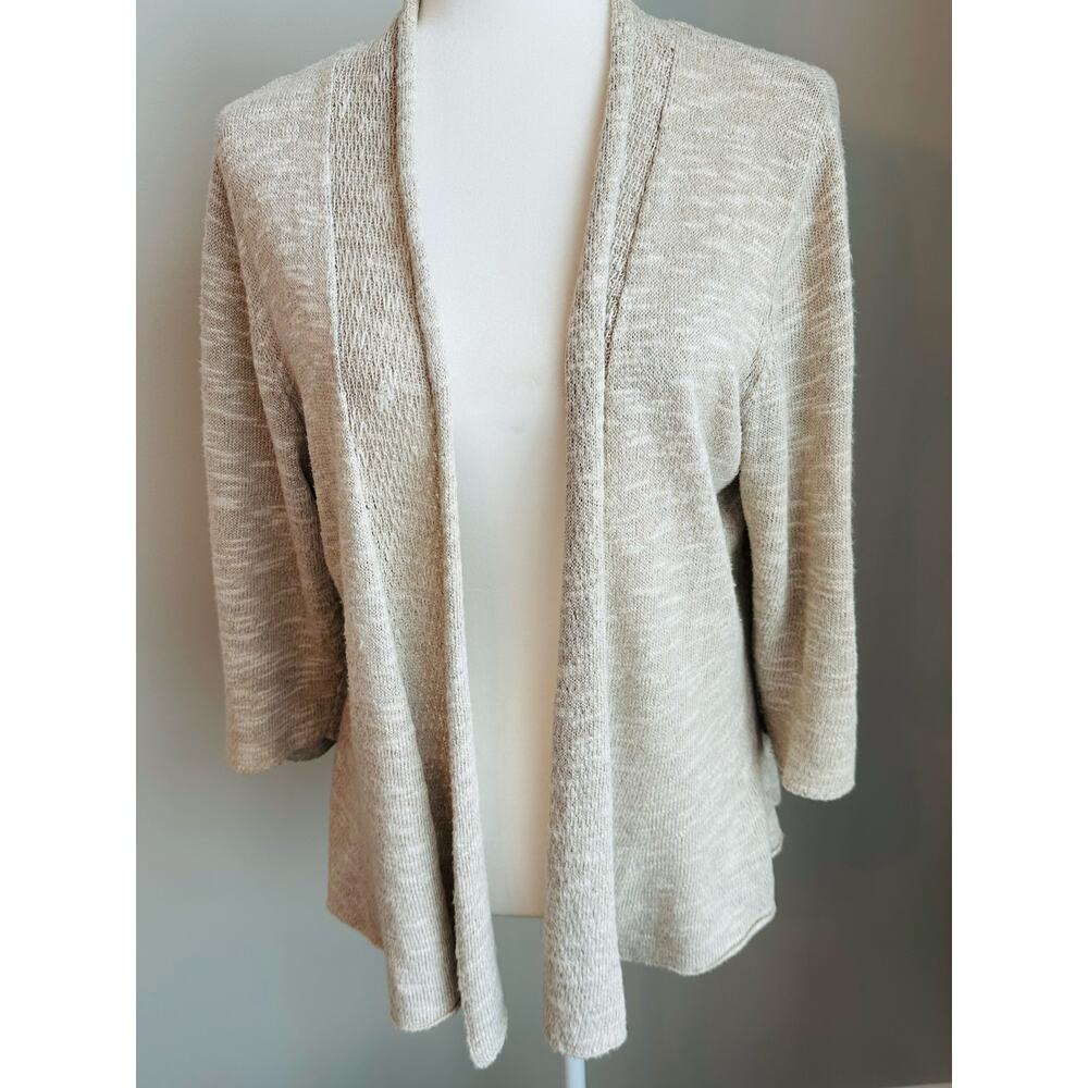 Eileen Fisher Linen Blend Open Front Cardigan Large Beige Lightweight Layering